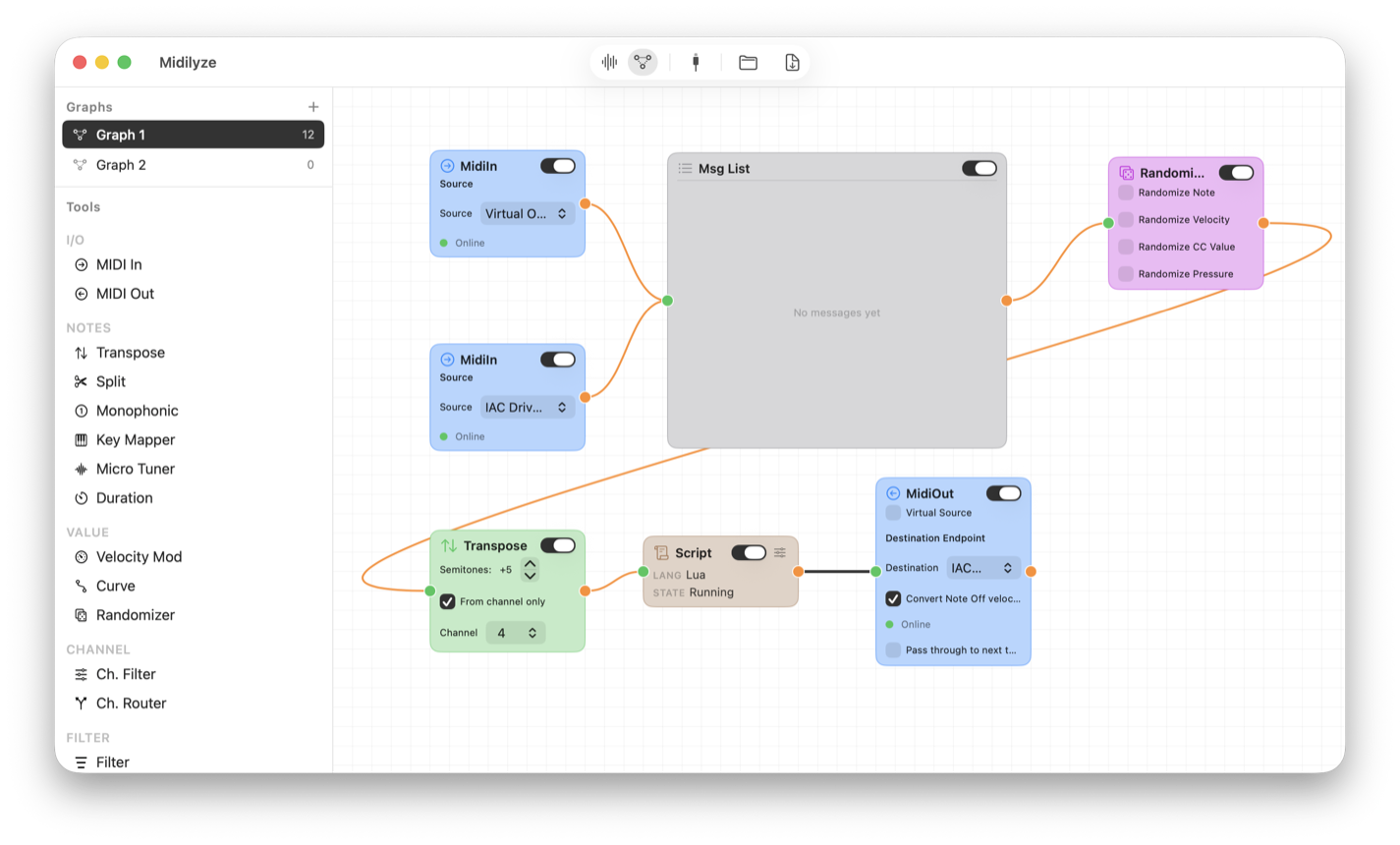 Midilize flow graph editor showing MIDI routing between nodes